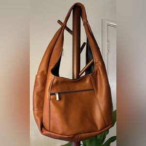 Brown Boho Shoulder Tote Bag | Extended Top Zip Zipper, Large Pocket | Leather